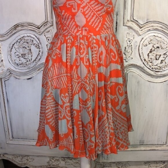 Milly of New York Orange and Beige Spaghetti Strap Waisted Fit and Flair Dress - Picture 4 of 13